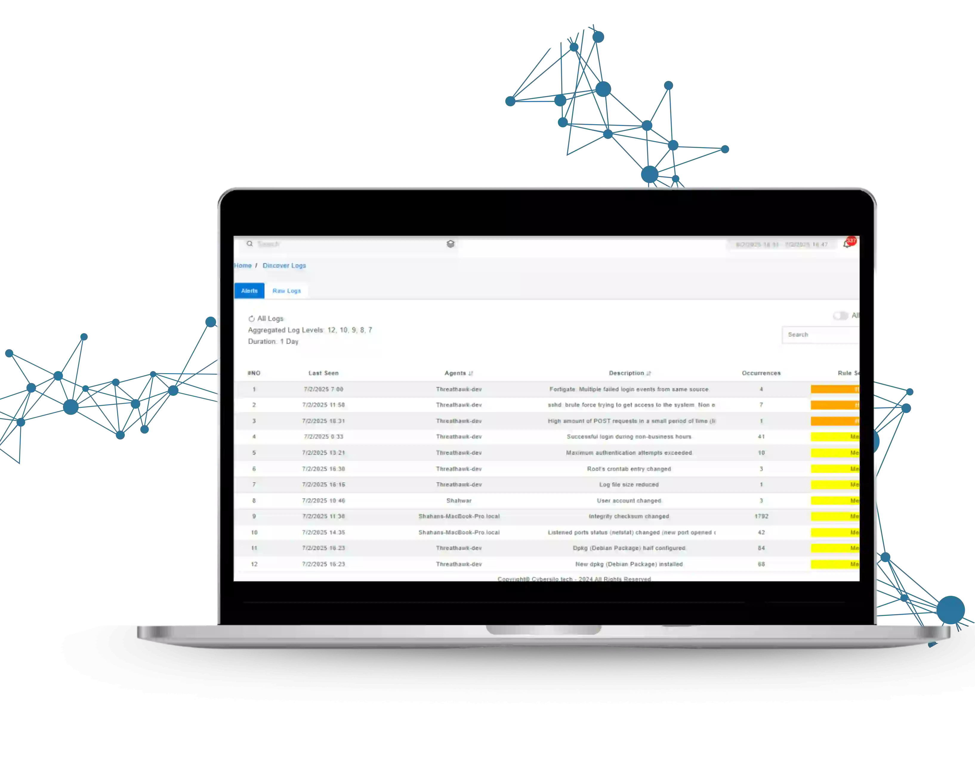 ThreatHawk SIEM unified log management dashboard showing centralised log collection from cloud and on-premise sources